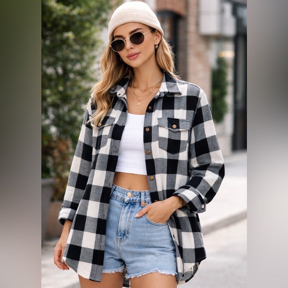 Oversized Plaid Top Black White Shirt Jacket Longline Shacket Small